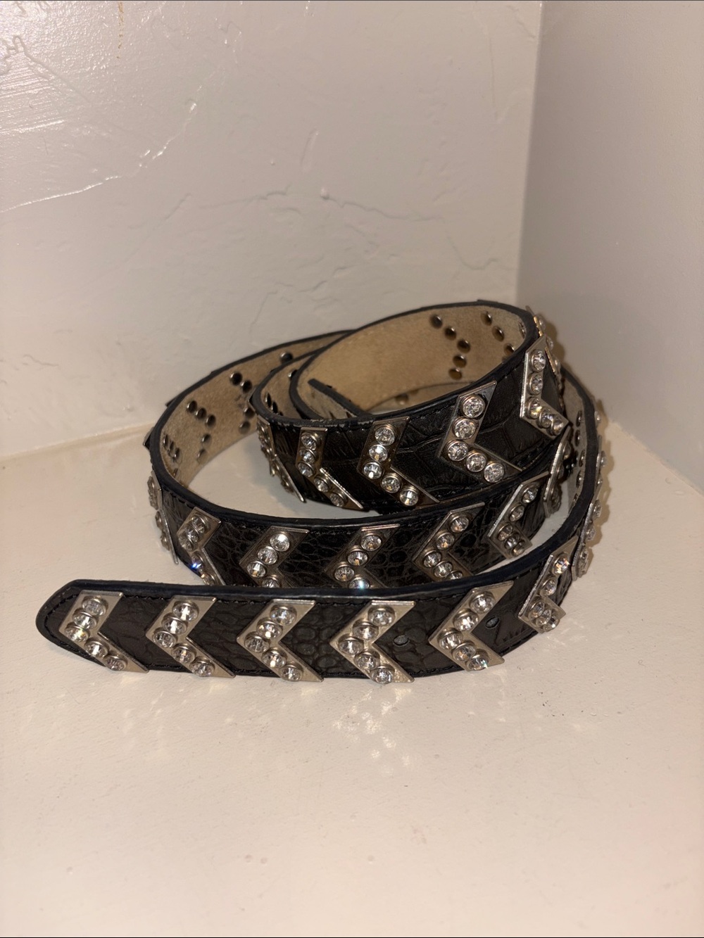 Black Crystal Chevron Stud Leather Belt